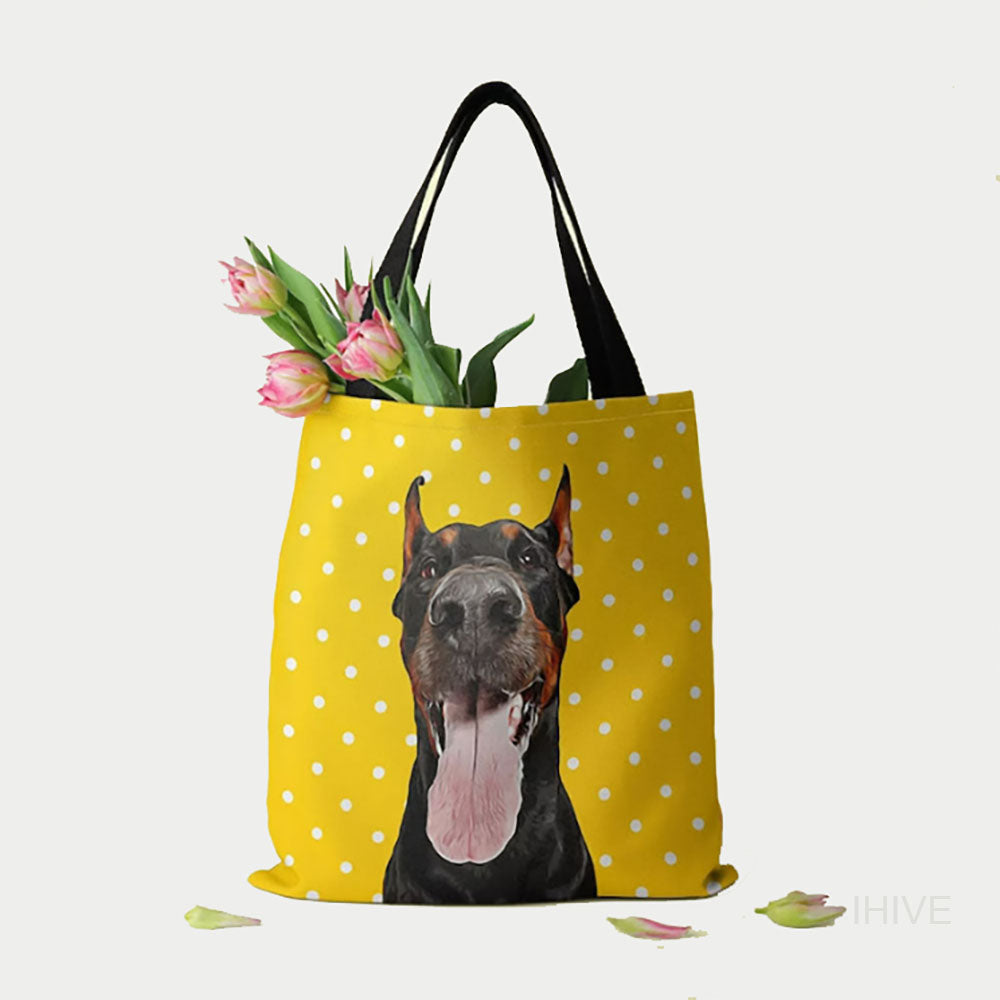 Custom Dog Photo Tote Bag, Pet Picture Tote Bag, Pet Portrait Bag, Dog Name Tote Bag, Pet Bag with Pola Dots, Personalized Tote Bag