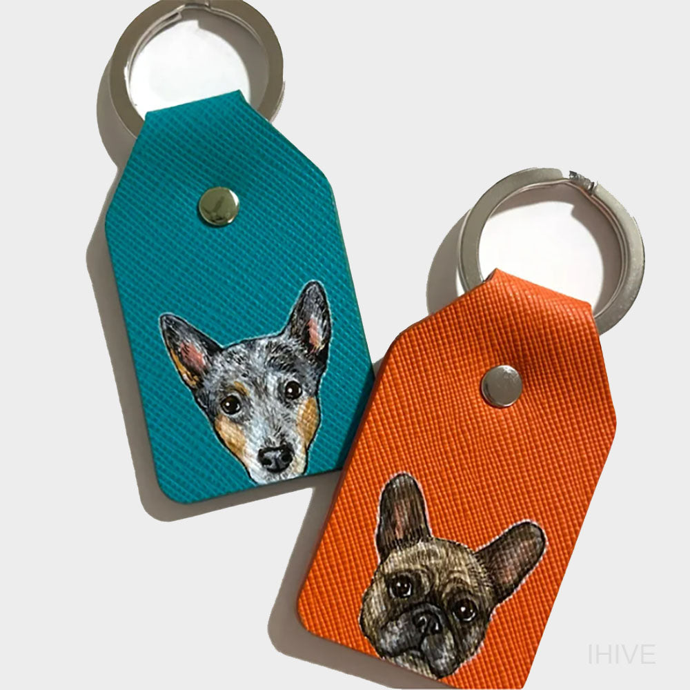 Custom Dog Keychain, Hand painted pet portrait, Peekaboo Pet, Pet Painting, Leather Keychain, Keyring, Pet Art, Cat Portrait, Pet Portrait