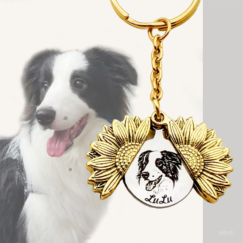 Pet Portrait Name Keychain,Vintage Sunflower Keychain, Custom Pet Portrait Keychain, Personalized Gifts, Pet Memorial Keychain