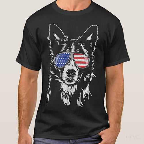 Funny Proud Border Collie American Flag Pet T-Shirt, Pet Portrait T-Shirt, Custom Unisex T shirt with Pet Face , Custom Dog T Shirts for Humans, Custom Cat Shirt T-Shirts