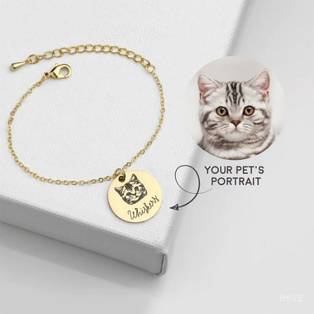 Pet Portrait Name Bracelet, Custom Pet Portrait Charm Bracelet, Custom Engraved Bracelet, Cat Lover Gift, Dog Mom Gift, Pet Memorial Gift