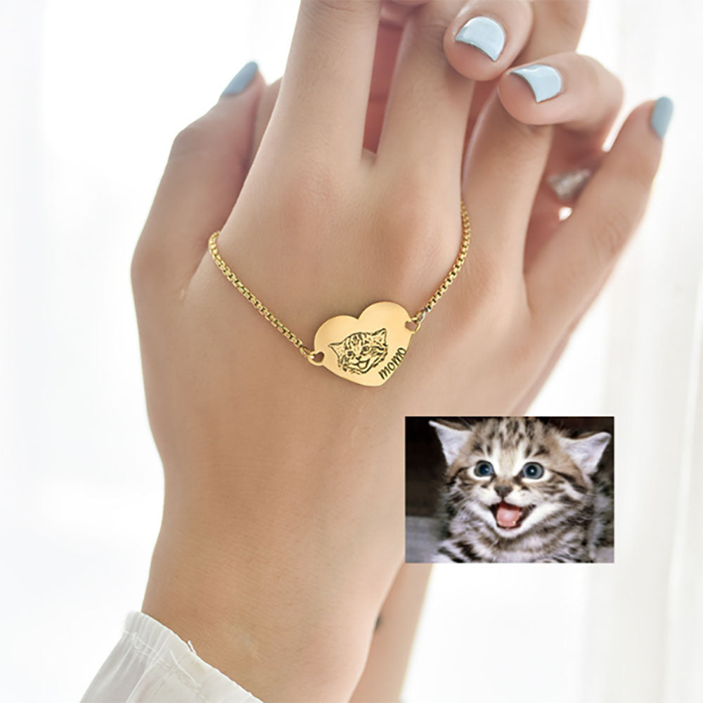 Pet Portrait Name Bracelet, Custom Heart Charm Bracelet, Custom Engraved Bracelet, Cat Lover Gift, Dog Mom Gift, Pet Memorial Gift