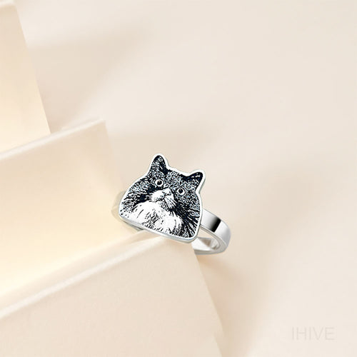 Custom Pet Ring, Personalized Pet Portrait Name Engraved, Pet Mom Jewelry Gifts, Remembrance Dog Cat Lovers Ring, Pet Memorial Gift