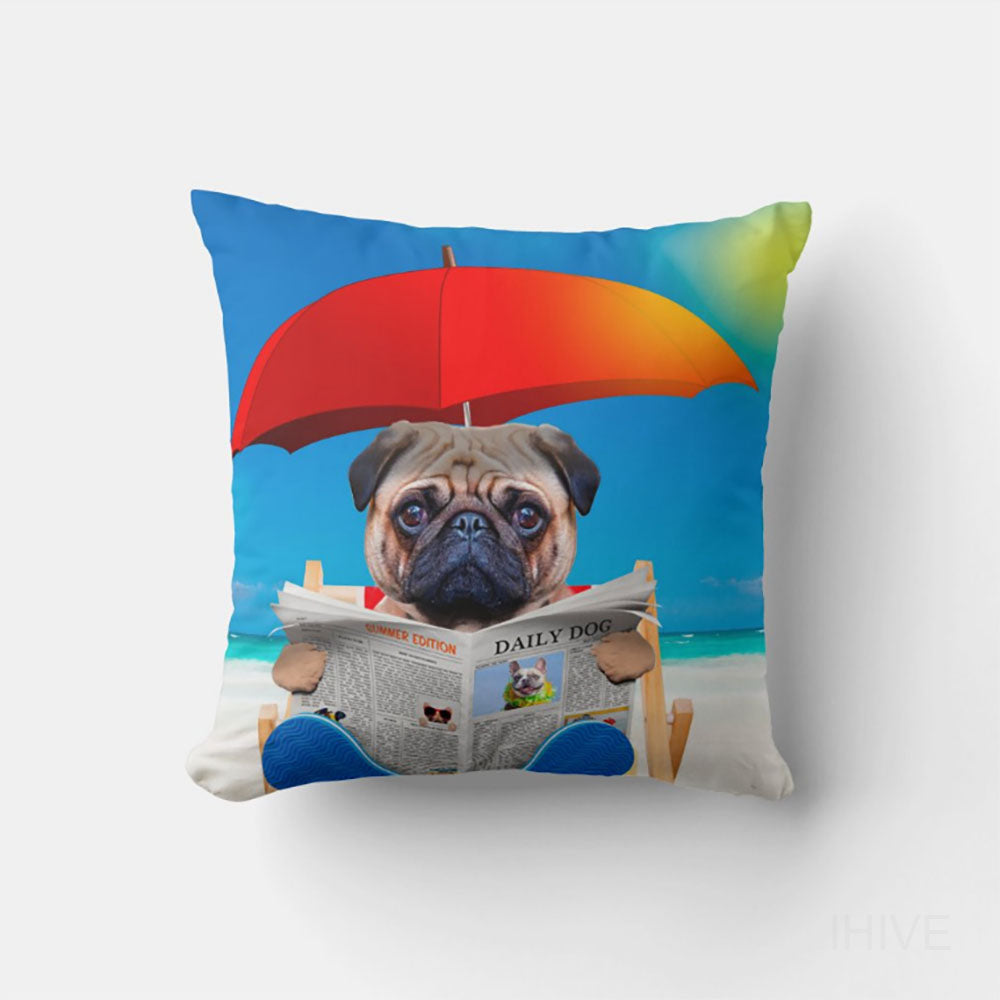 Pet reading newspaper on the beach cushion, Custom Pet Pillow, Personalized Pet Portrait Pillow, Pet Cushion, Double Sided Cushion,  CASE ONLY