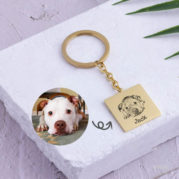 Personalized Rectangle Pet Keychain, Custom Dog Key chain, Cat Memorial Gift, Multiple Engraved Portrait Pet Loss