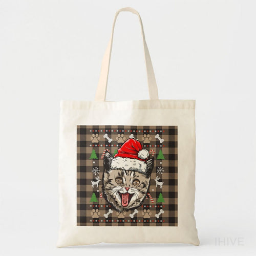 Custom Pet Photo Tote Bag, Cat Ugly Christmas Santa Hat Tote Bag, Personalized Tote Bag, Pet Picture Tote Bag, Pet Portrait Bag