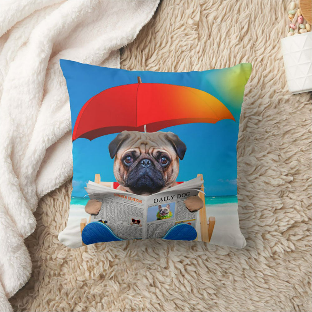 Pet reading newspaper on the beach cushion, Custom Pet Pillow, Personalized Pet Portrait Pillow, Pet Cushion, Double Sided Cushion,  CASE ONLY