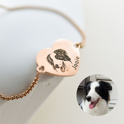 Pet Portrait Name Bracelet, Custom Heart Charm Bracelet, Custom Engraved Bracelet, Cat Lover Gift, Dog Mom Gift, Pet Memorial Gift