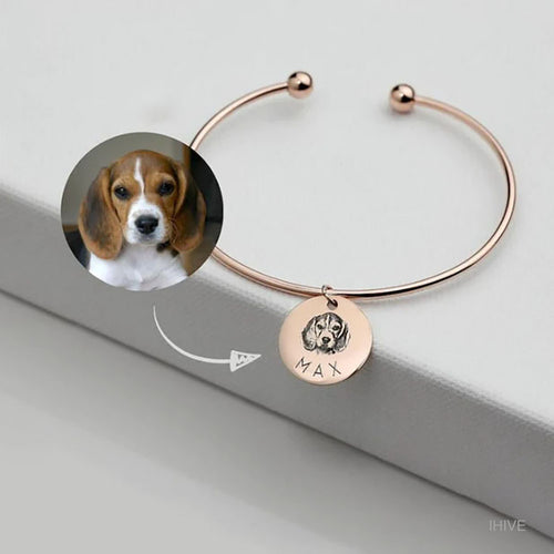 Pet Portrait Name Open Bangle, Pet Photo Bracelet, Actual Pet Picture Bangle, Cat Bracelet, Pet Lover Gift, Pet Memorial Gift