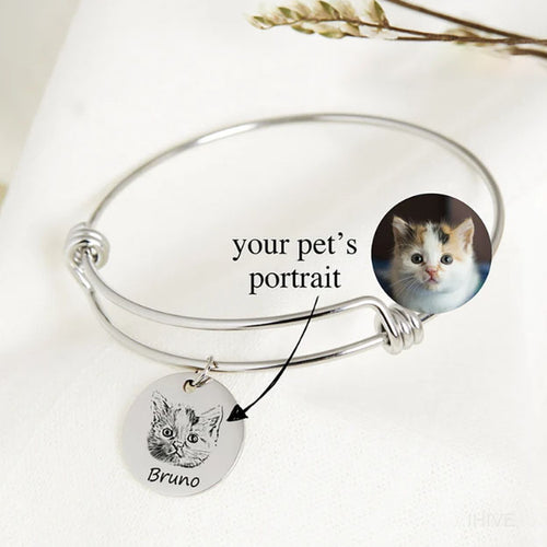 Pet Portrait Name Bangle, Pet Photo Bracelet, Actual Pet Picture Bangle, Cat Bracelet, Pet Lover Gift, Pet Memorial Gift