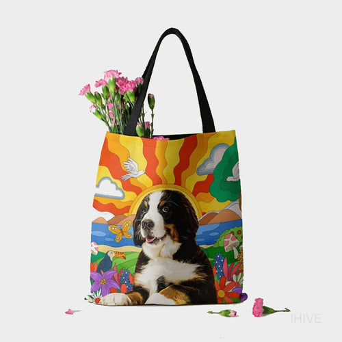 Custom Dog Photo Tote Bag, Psychedelic Pet Picture Tote Bag, Pet Portrait Bag, Oil Painting Effect Tote Bag, Personalized Pet Tote Bag