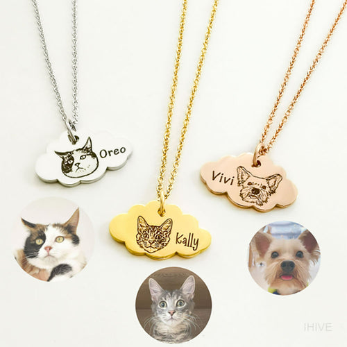 Pet Portrait Name Necklace, Custom Clouds Necklace, Personalized Pet Photo Jewelry, Personalized Gifts, Pet Photo Necklace, Pet Memorial Necklace